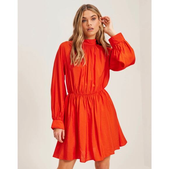 Samsoe Samsoe Ebbali Dress Blood Orange Red Long Sleeve Tie Back Detail EUC S - Picture 1 of 12